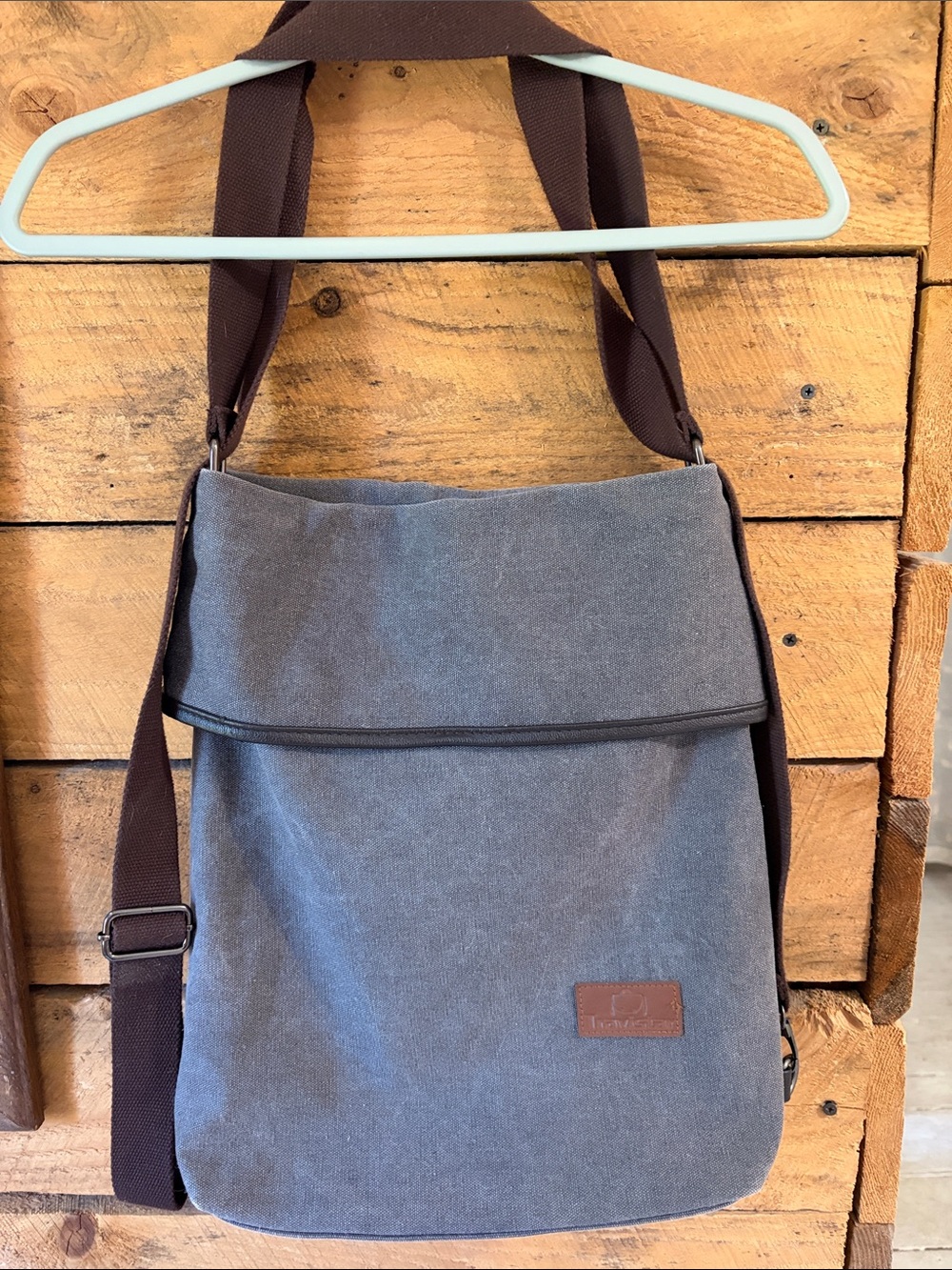 Gray Canvas Messenger Bag with Brown Strap - Casual Everyday Crossbody